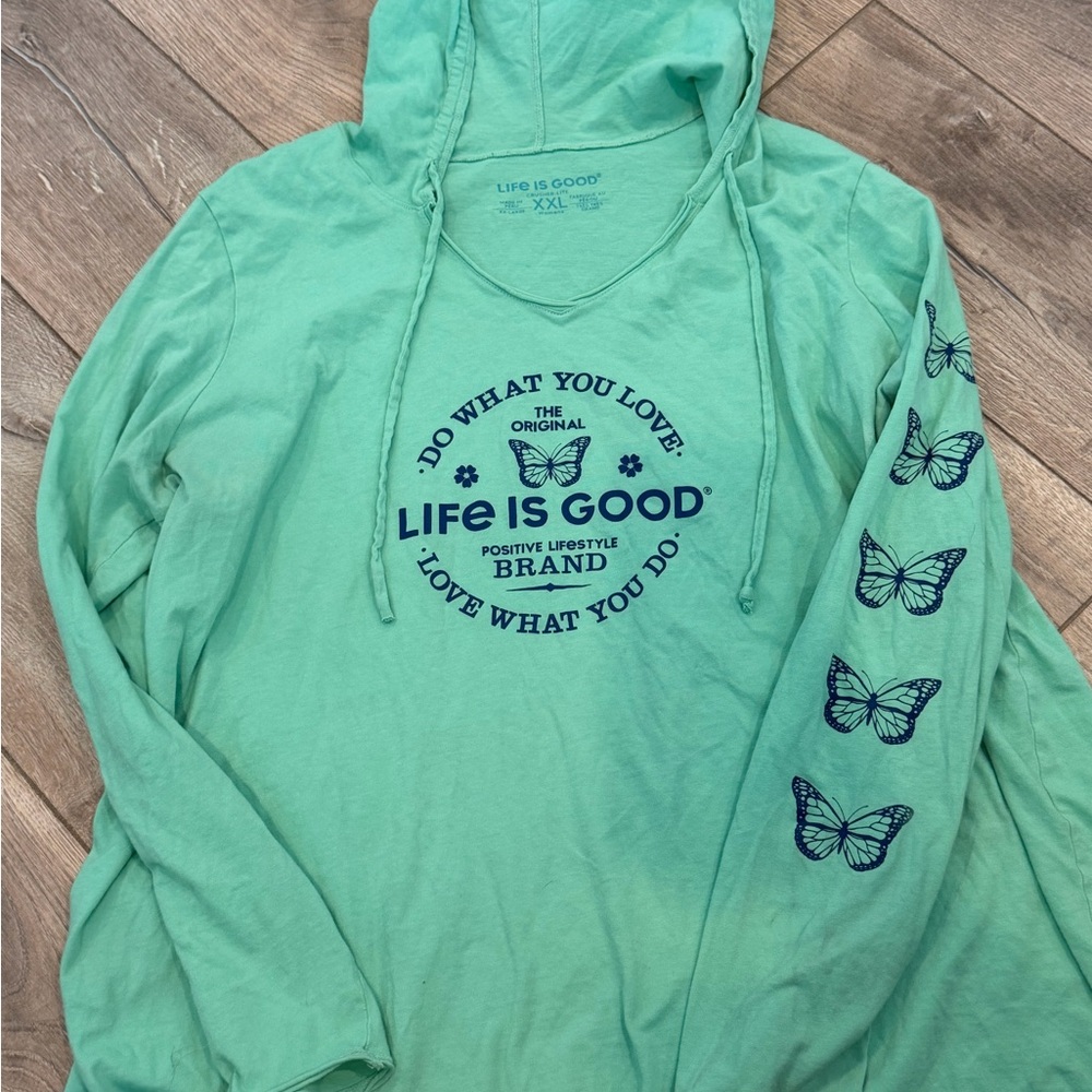Life Is Good Mint Green Pullover with Navy Logo and Butterfly
